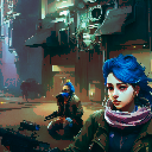 blue haired girl smoking cigarette, and man on the left holding gun, night time rainy streets, grim