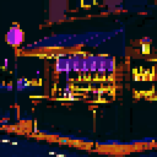 exterior of a bar, street light, night time, nocturne, black, dark purple, brown, gold, pixel art style, sRGB
Cozy Character
4 images