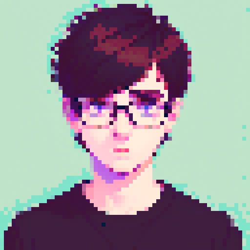 portrait, sprite art, young man, sad, narrow eyes, nerd, muted colors, depressed