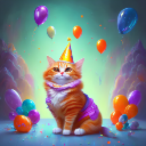 Whimsical, cartoonish, and colorful.

        "A plump, orange tabby cat gleefully batting at a cascade of confetti raining down upon a cake surrounded by balloons and party hats, all set against a vibrant, pastel-hued background with a banner saying Happy Birthday Daniel."