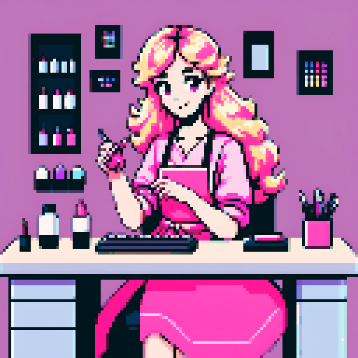 girl with long, wavy, blonde hair, pink apron, sitting at desk, doing girl's nails, nail salon, pixel art, sRGB