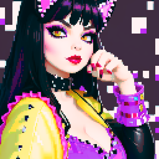 curvy, cute goth cat girl face, black hair, purple eyeshadow, red lipstick, studded leather, face portrait, glamour shot, vibrant sRGB colors, pixel art