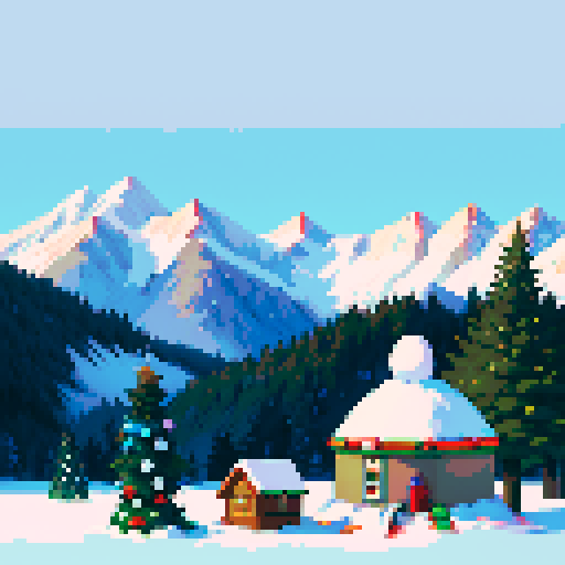 snowy mountain range ski town with a tiny lodge, igloo, campsite, cold, pixel art, sRGB, christmas themed