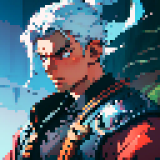 male warrior with a sleek, silver helmet, fierce eyes, broad shoulders, muscular arms, and a determined expression, rendered in vibrant, retro pixel art, portrait