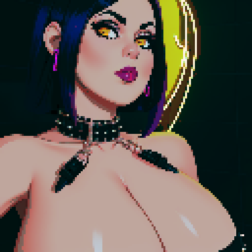 curvy, busty goth babe with studded collar. Nude big titty goth, in a close up nude glamour shot. Neon lighting,  modern tile backsplash. 