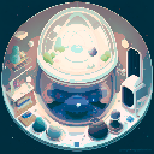 Inside of a sphere spaceship shaped like a gachapon with a clear top half looking out to space. cozy white space theme