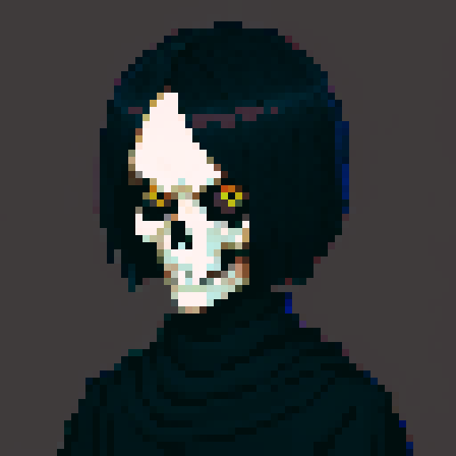 flat skull face, expressive eyes, dark colors, pixelated details, sRGB color space, blank background