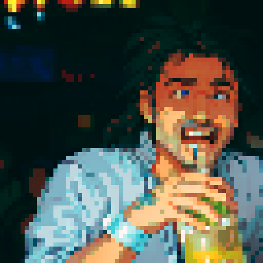 handsome, long-haired guy, beer, vibrant colors, detailed pixel art, sRGB

