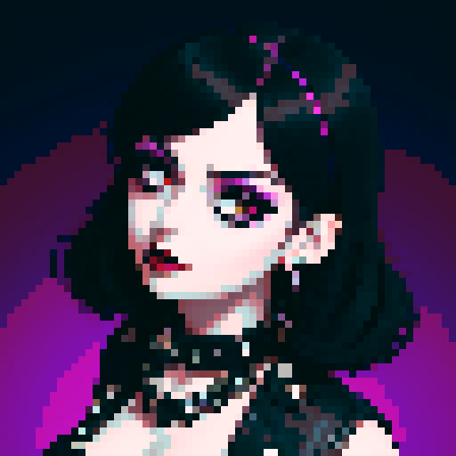 curvy, busty goth girls face, whole head portrait, black hair, purple eyeshadow, red lipstick, low black studded leather halter top, studded collar, vibrant srgb colors, edgy aesthetic. 16 bit, anime style
