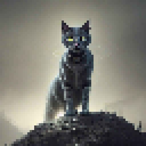 Yellow-eyed grey cat prowling through a misty and ominous night, surrounded by glowing orbs and mythical creatures in a dark fantasy RPG style.