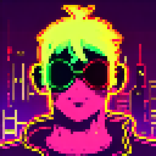 Glowing cyberpunk hacker with slicked back hair and a neon visor, surrounded by flickering neon lights and a futuristic cityscape, all depicted in the vibrant and edgy Yo-Hokki style.