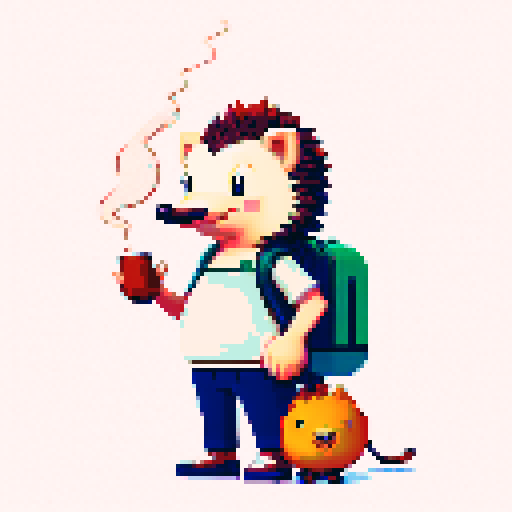 antropomorphic smiling hedgehog with travellers backpack and smoking pipe