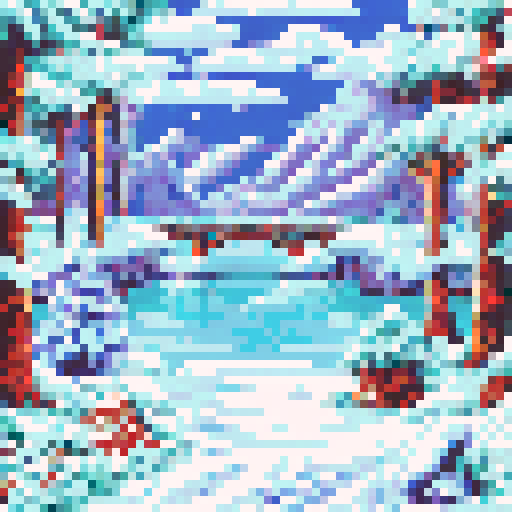 a snowy mountain winter christmas scene in pixel