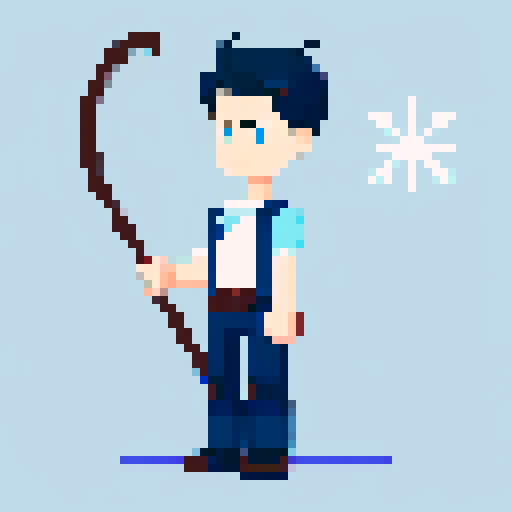 Gender: Male
Age: Young adult
Hair: Near-black deep blue, styled in a way that suggests a cold or icy theme, perhaps with a few strands of hair falling over his forehead.
Eyes: Icy blue, half-closed, giving a calm and introspective expression.
Pose:
Standing in a confident and poised manner, holding a staff that suggests his ice powers.
Ensure the background is transparent to allow for versatile use of the character illustration.