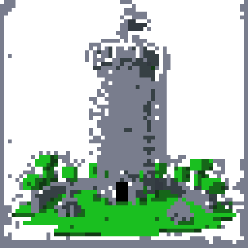 2d grey stone tower in an ancient english style. Old and crumbling but still upright. Green vines crisscross it. Usable as an asset (clear, thick lines and a white background). Put a black stroke around the composition