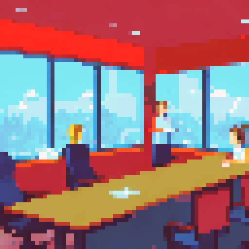 A conference room with office workers and a big window at the back wall