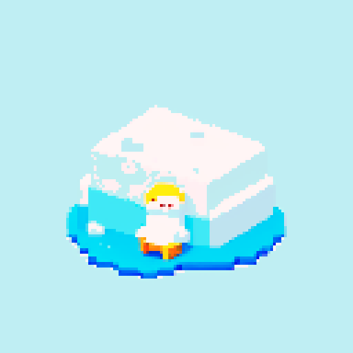 tiny eskimo pixel character, petting pixel seal animal, on iceberg, with tiny cabin nearby, pixel art, sRGB