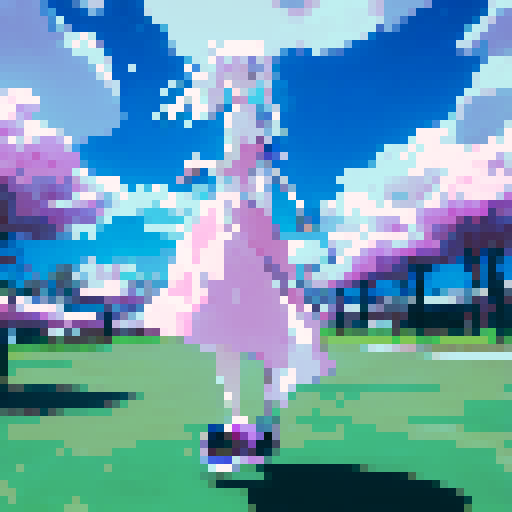 White-haired anime girl twirling in a flowy, ethereal dress amidst cherry blossom petals and a soft, pastel-colored sky