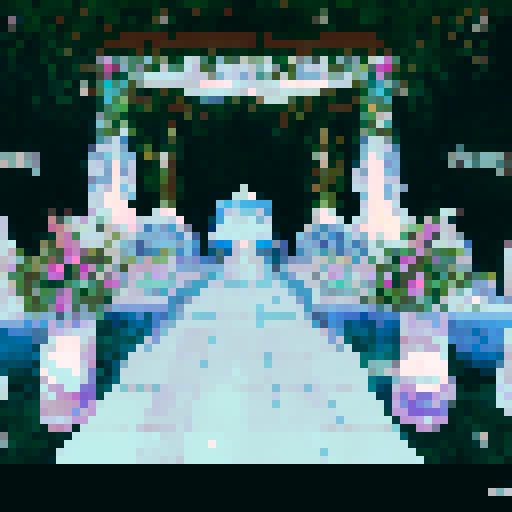 a vibrant chuppah with intricate floral patterns in shades of blue and white, surrounded by lush greenery and delicate hanging lights, against a backdrop of deep blue ocean waves fading into a midnight sky