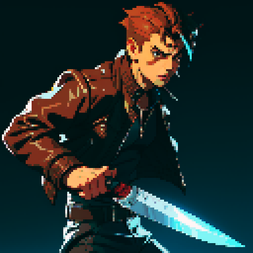 male character, holding two knives, space pirate, brown leather jacket,  retro video game style, pixelated details, no background, dynamic poses