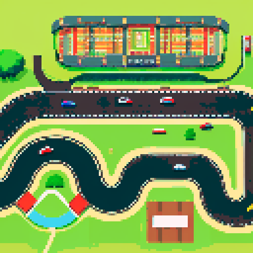 map of the race track, top view, road, grass, grandstands, small cars