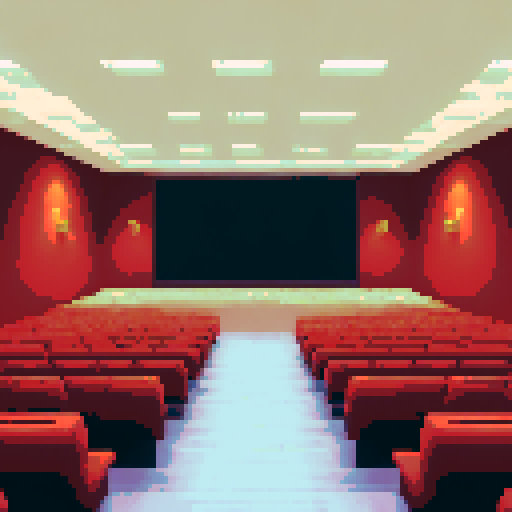 Cozy, subtle-colored landscape of a big, classy lecture hall in pixel art style with sRGB colors, showcasing the background and landscape