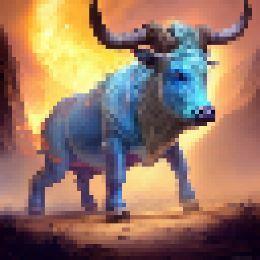 Bull with fiery blue horns and eyes, snorting flames from its nostrils, standing in a dark forest with magical runes etched into the ground and a full moon overhead, ready for battle in a Fantasy RPG.