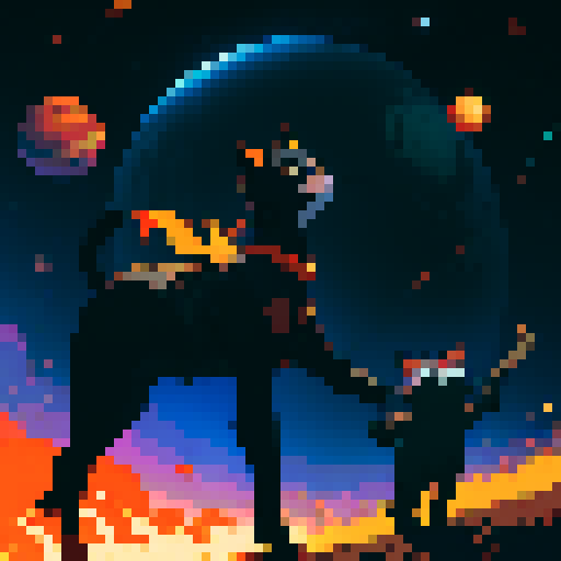 black cat with orange eyes, wandering through galaxies and space, surrounded by planets and comets, all depicted in sRGB and pixel art style