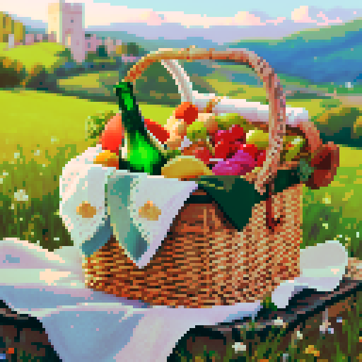 picnic basket with cloth, bouguet and green glass bottle inside