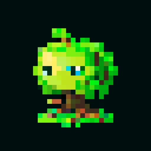 medium-sized, vigilant Grove Guardian with smooth bark, vibrant green leaves, sturdy trunk, protective vines, glowing blue eyes radiating calm and watchfulness, alert and determined expression, flowering plants growing along limbs, pixel art, sRGB