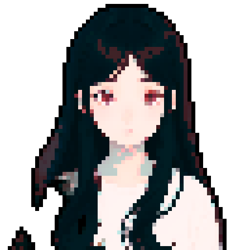 normal dark-haired girl, long dark hair, soft expressive eyes, soft shading, intricate details, whimsical charm, seamless pixelation, sad melancholy, cozy
