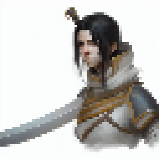 Dark haired warrior with a longsword standing against a white background.