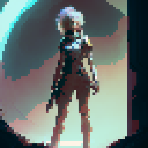 female warrior, light saber, tall robot, lasers from eyes, woods, monsters, innocent people, fantasy RPG