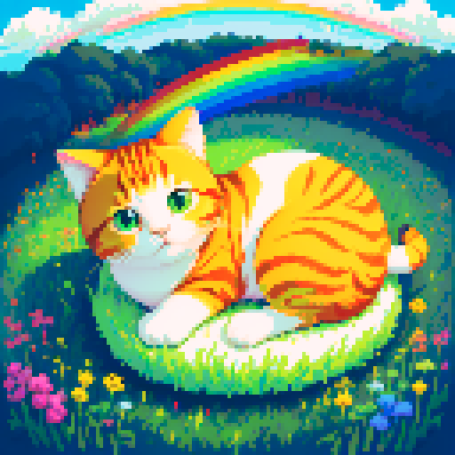 cute, chubby cat sitting on a vibrant, pixelated grass field with a clear blue sky and a rainbow curved above