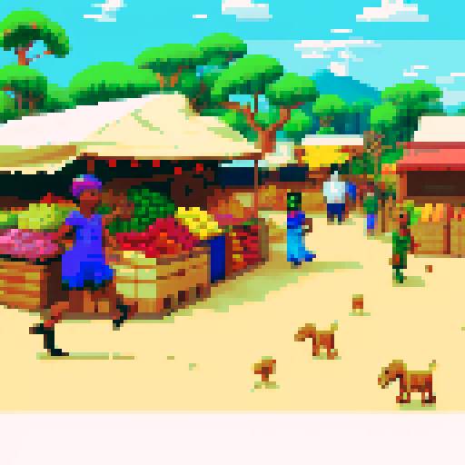 bustling African wholesale corridor, vibrant shelves, pixel art crates of food