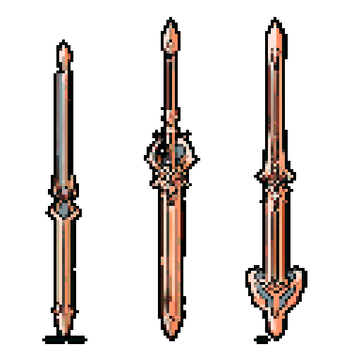 I want a tall vertical copper structure reminiscent of an sword that can channel energy. It should have strange mechanical details that could interlock with each other. I also want this object usable as an asset in a videogame, meaning only one object per image, outlined with a strong black stroke, on a solid-color background.