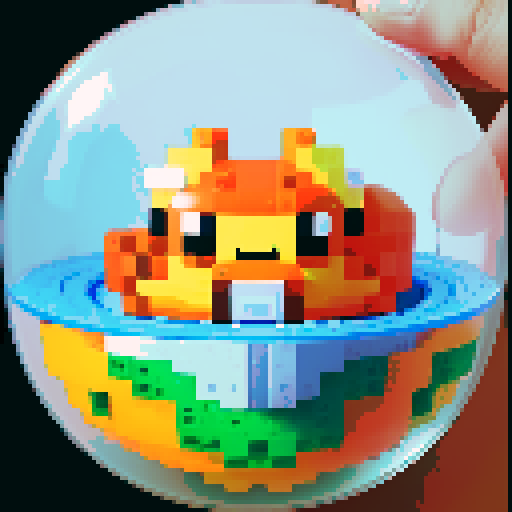 A sphere spaceship shaped like a gachapon with a clear window top. through the top window is an orange cat. cute