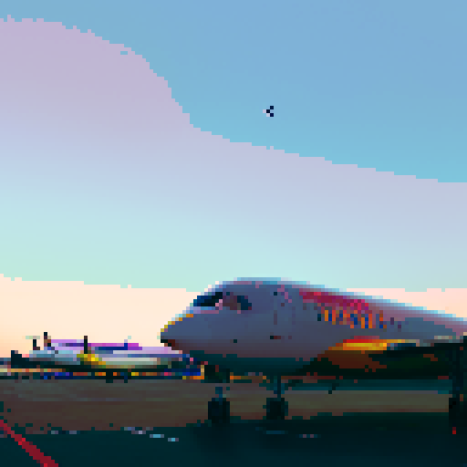 Airport at dusk, pixelated planes in vibrant shades of red and yellow, runway lined with twinkling lights, a crowd of travelers shrouded in silhouettes, fading sky painted with hues of faded purple and deep blue