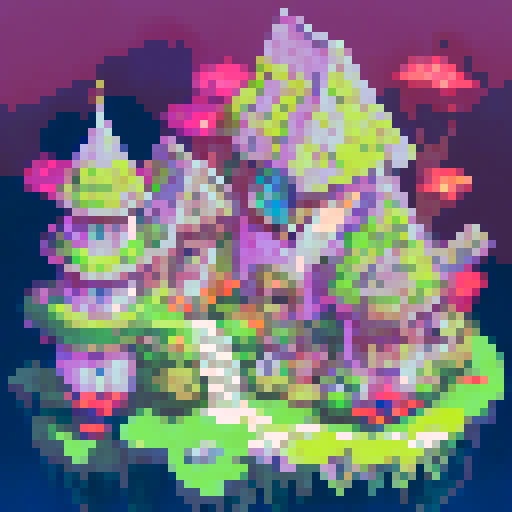 lush green trees, vibrant foliage, detailed pixelated landscape, intricate castle architecture, moss-covered stones, majestic turrets, sun rays filtering through leaves, medieval charm, pixelated skies, vibrant pixel art details, enchanting forest setting