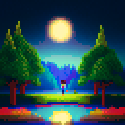 a vibrant, whimsical landscape with towering, pixelated trees, a shimmering, pixelated lake reflecting a starry night sky, and a pixelated character exploring the enchanting scene
