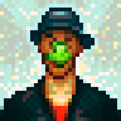 Man with a bowl hat and an apple, pixelated with vibrant colors, looking straight ahead with a mischievous glint in his eyes