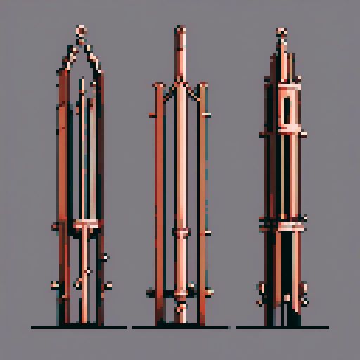 I want a tall vertical copper structure reminiscent of a organ pipe. It should have strange mechanical details that could interlock with each other. I also want this object usable an asset in a videogame, meaning only one object per image, outlined with a strong black stroke, on a solid-color background.