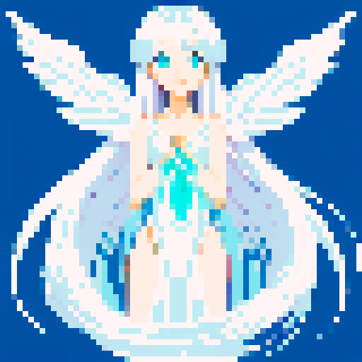 
Beautiful, ethereal angel with shimmering wings and flowing, liquid-like chrome body, rendered in minimalist pixel art with vibrant, dazzling sRGB colors. Large anime eyes. Visible nose