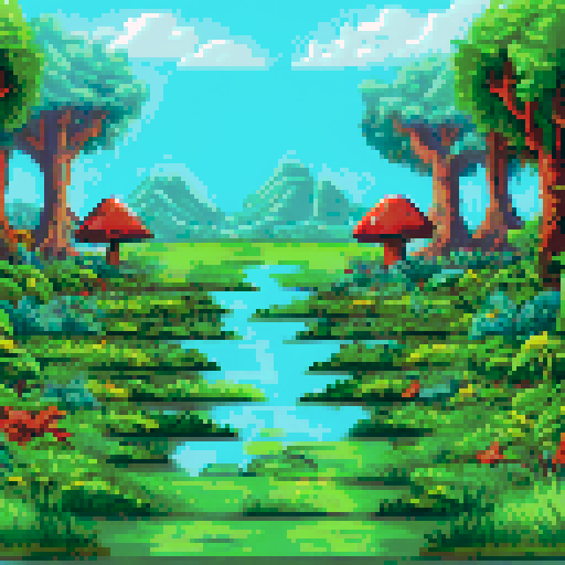 Swampy landscape, small Lily pads, vines, drift wood, large mushrooms, sRGB, pixel art, background, landscape