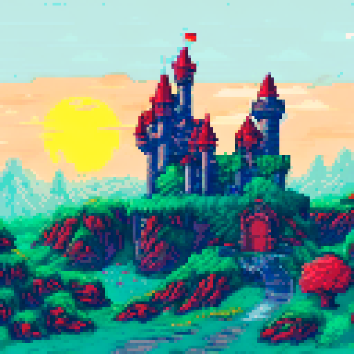 Pixel world, nature, an abandoned castle, plants, full moon, midnight, one moon, devastation, emptiness