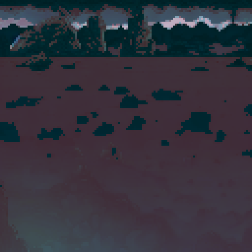 Dark cavernous setting with a rocky, uneven ground scattered with small stones. The background features shadowy pillars and a large cave opening, framed by jagged rock formations and a hazy, muted purple horizon. The dim lighting and deep gray tones create a foreboding and mysterious atmosphere.