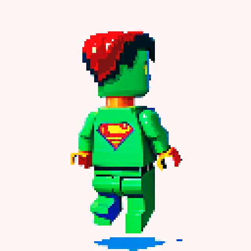 superman flying, vibrant pixelated red and blue costume, blocky lego-like figure, retro video game-inspired artwork, bold primary colors, sRGB color space