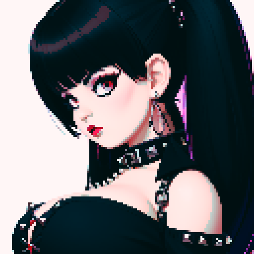 curvy, busty cute goth babe with studded collar, big titty goth wearing halter top, side view, close up glamour shot, pixel art, sRGB