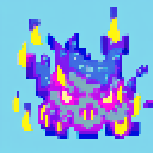 A raging inferno engulfs a tiny metropolis, with sinister skulls appearing in the flames and their ghostly visages haunting the smoke, all rendered in vibrant pixel art