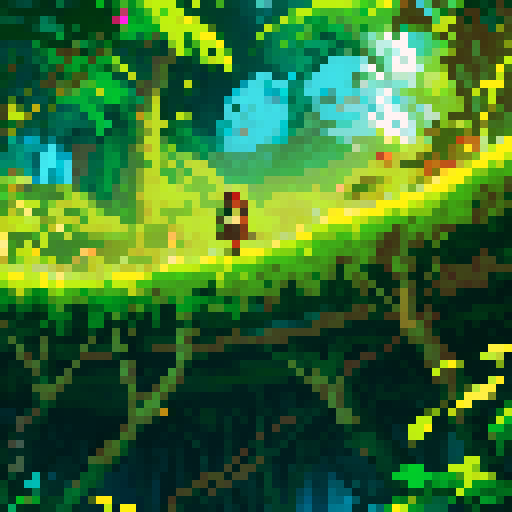 Snow covered jungle, towering jungle trees, thick vines, pixel art style, vibrant colors, intricate details, nostalgic aesthetic, sRGB color space